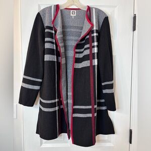 Anne Klein Black and Gray Open Cardigan with Red Trim